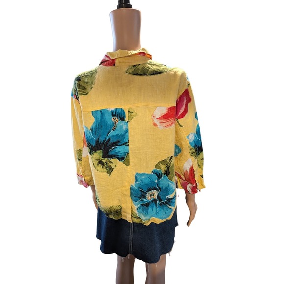 Chico's Size 1 (M) 100% Linen Shirt Yellow Floral Button Up FLAW - Picture 4 of 12